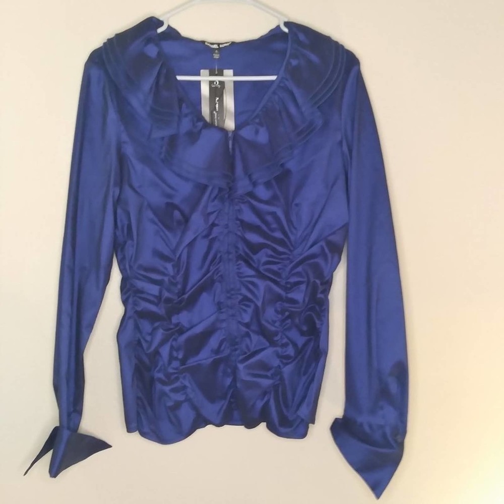 🦋 Samuel Dong Blue Iridescent Ruffle Ruched Blouse